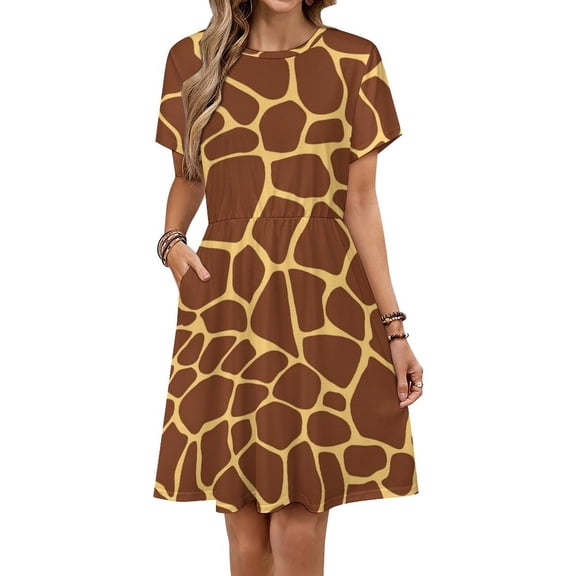Brown Yellow Giraffe Print Pattern Women's Dress Short Sleeve Summer Sundress Summer Women Clothes
