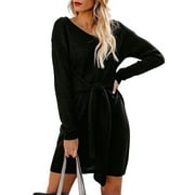 Womens Black Winter Elegant Knitted Dresses Tie Waist Sweater Dress Size Medium US 8-10