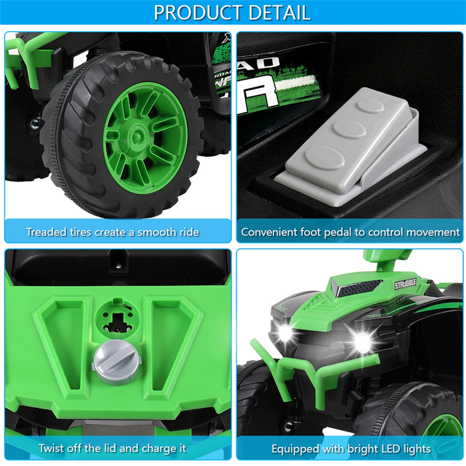 CIPACHO 12V Kids Ride On Car, Rugged 4-Wheeler Electric Cars to Ride Car for Children Child Boys, Gift Vehicle Toy w/ LED Lights, MP3, AUX, Green