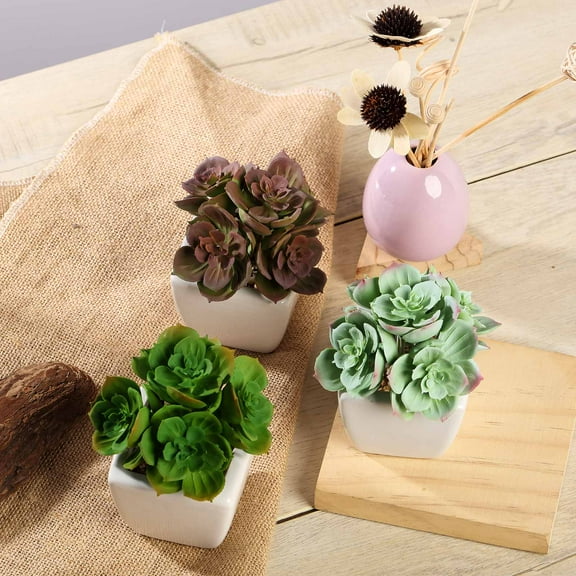 Efavormart Set of 3 | 5'' Assorted Mini Echeveria Artificial Faux Succulent Plants in Ceramic Pot with Decorative Rocks