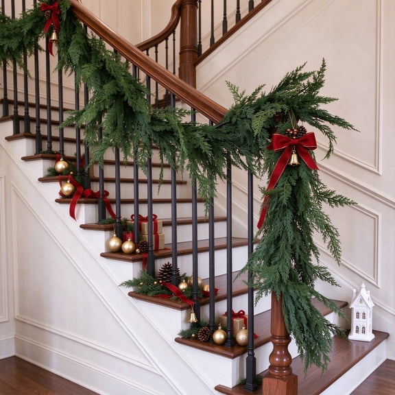 FAJUNZH Dense 9FT Green Christmas Cedar Garland, Lifelike Soft-Touch Artificial Pine Foliage, for Mantel Fireplace Stairs Front Door Indoor Outdoor Decor