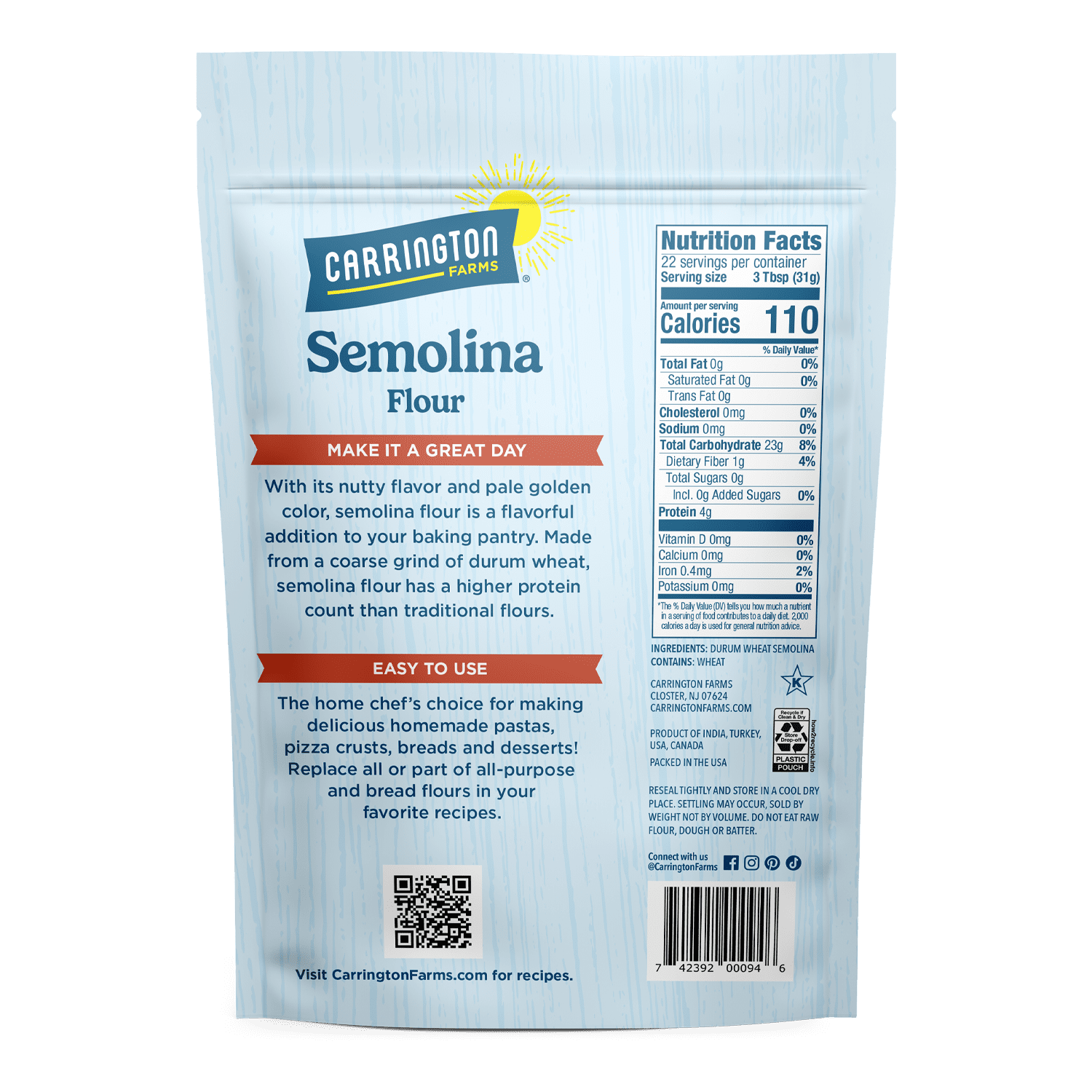 Carrington Farms Semolina Flour Durum Wheat, 24oz