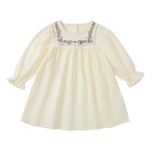 Odeerbi 2-8 Años Niñas Princesas Florales Vestido Retro Vintage Algodón Vestido Infantil Cuello Redondo Bordado Manga Larga