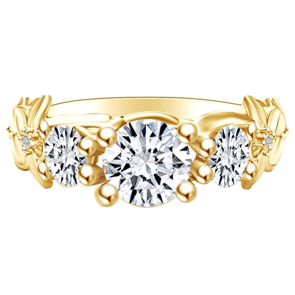 AFFY 1.52 Carat Round Shape Moissanite & Natural Diamond Three Stone Engagement Ring 14K Solid Yellow Gold Ring Size-5