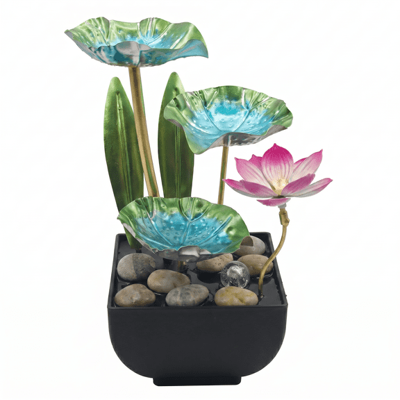 Lumiartisan 9.4" Waterfall Pendulum Fountain with LED Lights, Small Indoor Lotus Desk Decor