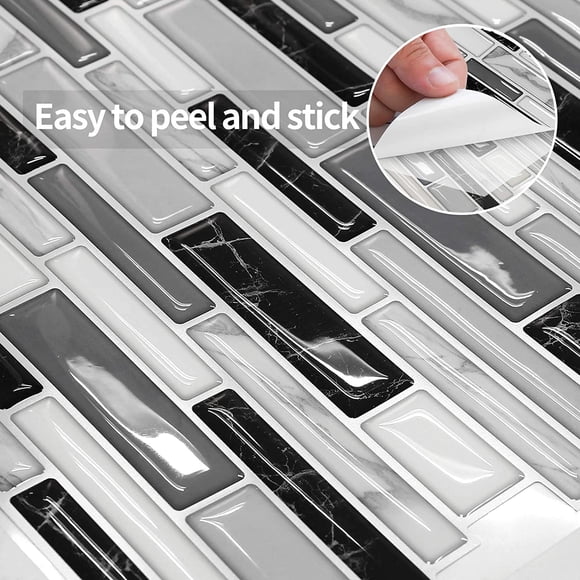 10Pcs Peel and Stick Backsplash for Kitchen Black and White, Brick Wall Stickers Panels,Self Adhesive Wall Tiles Marble Stone for Living Room,Bedroom,Farmhouse