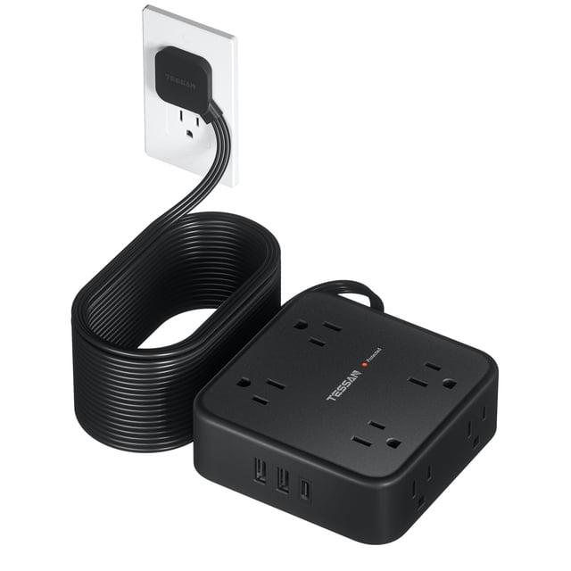 Cable de extensión TESSAN de 25 pies con 8 salidas AC, 3 USB 900J, negro