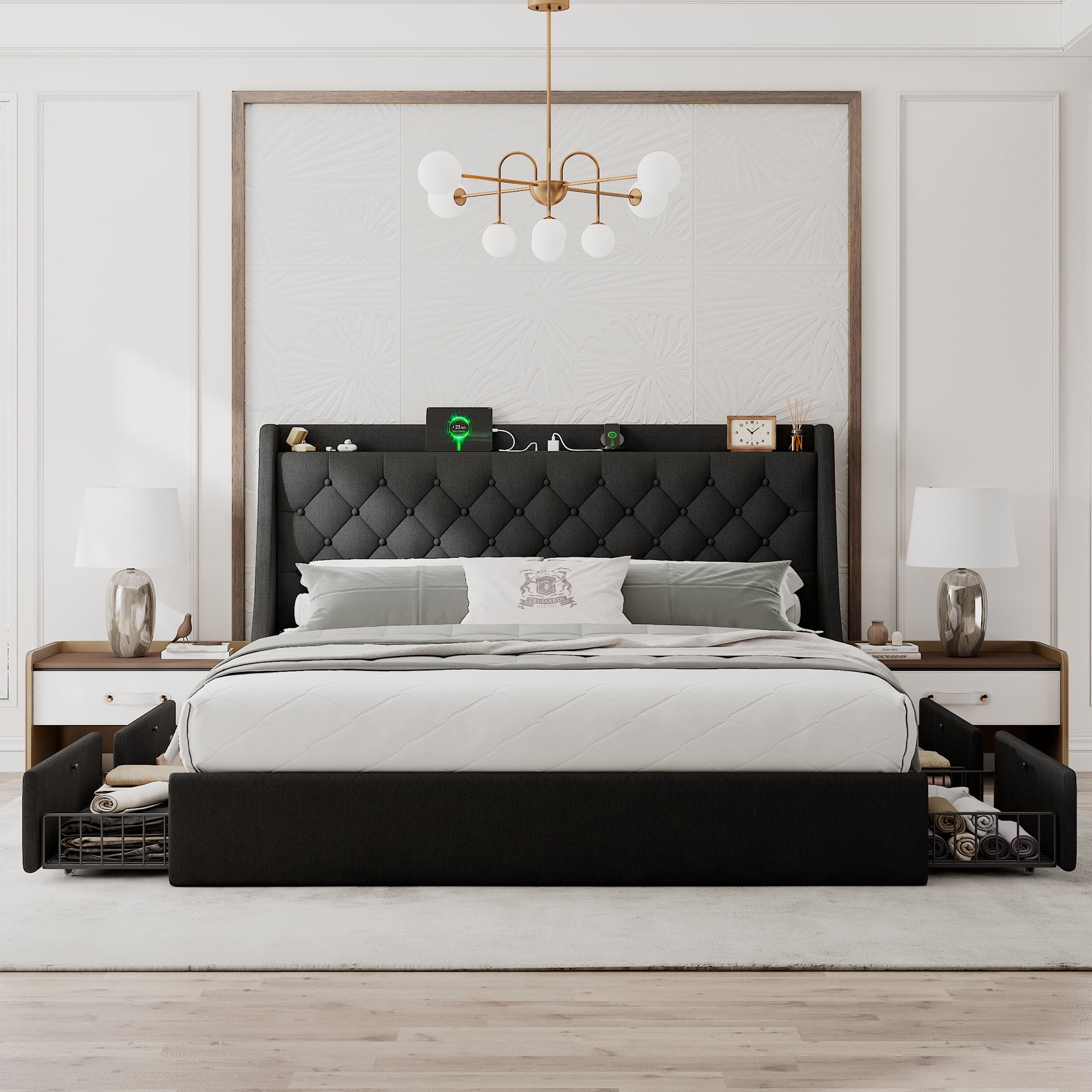 Honfach King Bed Frame with 4 Storage Drawers, Upholstered Platform Bed Frame with Type-C & USB Ports, Wingback Storage Headboard,Black