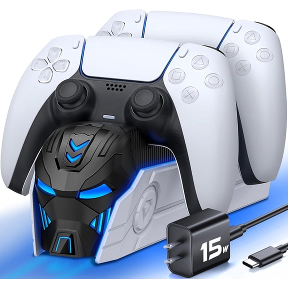 PrimeCook Shop Upgraded for PS5 Controller Charger with Fast Charging AC Adapter, Dual Controller Charging Station Stand for PlayStation 5, Docking Station Replacement for PS5 Accessories Kits