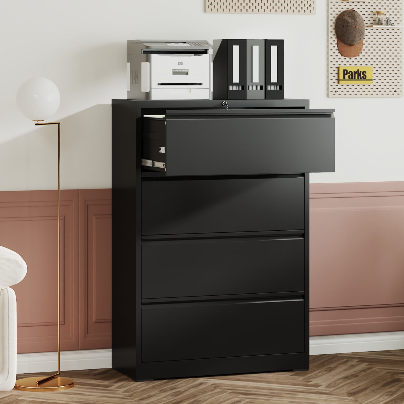 4 Drawer Lateral File Cabinet with Lock – Heavy Duty Steel Filing Cabinet for Home Office, Wide Storage for Letter Legal A4 F4 Files, Full Extension Quiet Slides