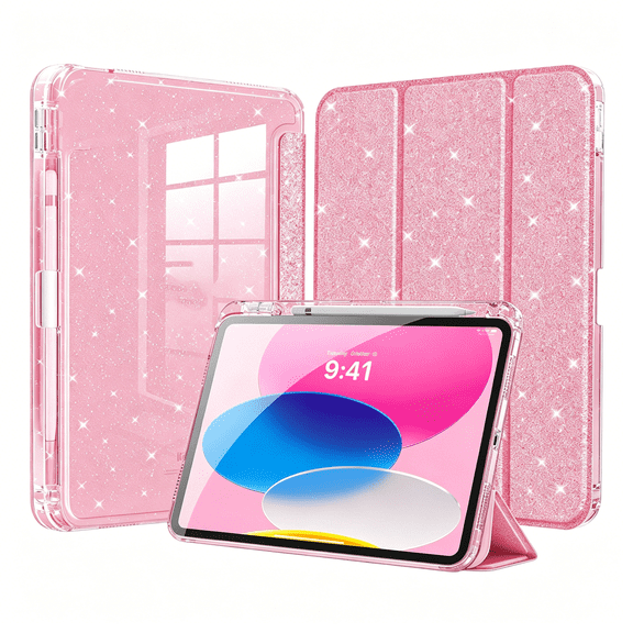 GJX Glitter Case for Ipad (A16) 11Th/10Th Gen 2025/2022, Glitter Pink | Trifold Stand Folio Case Sparkly Glitter Smart Cover with Pencil Holder Auto Wake/Sleep Soft Flexible Tpu Bling Cover