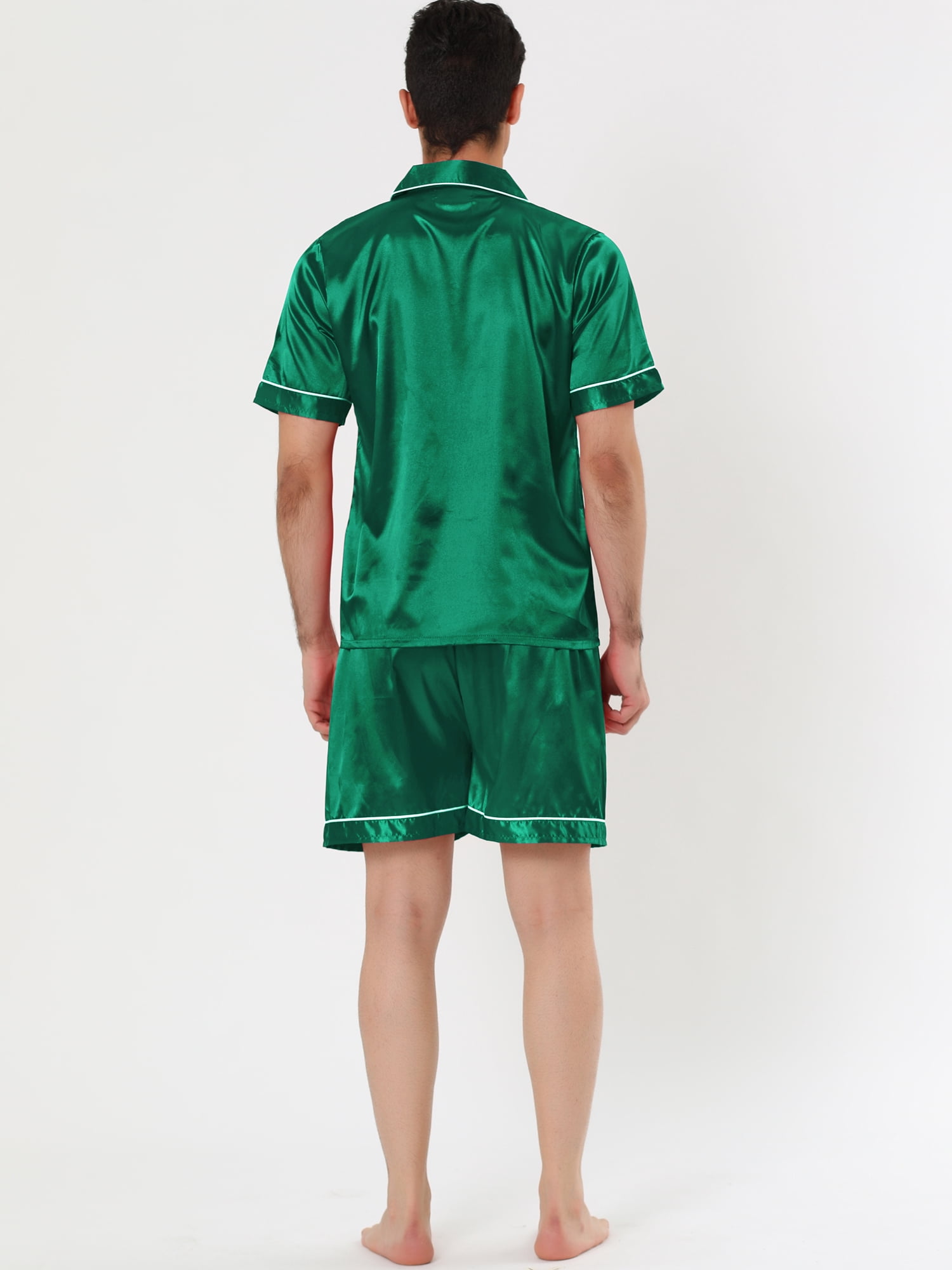 Unique Bargains Men's Sleepwear Short Sleeve Top and Pants Satin Pajama Set XL Green