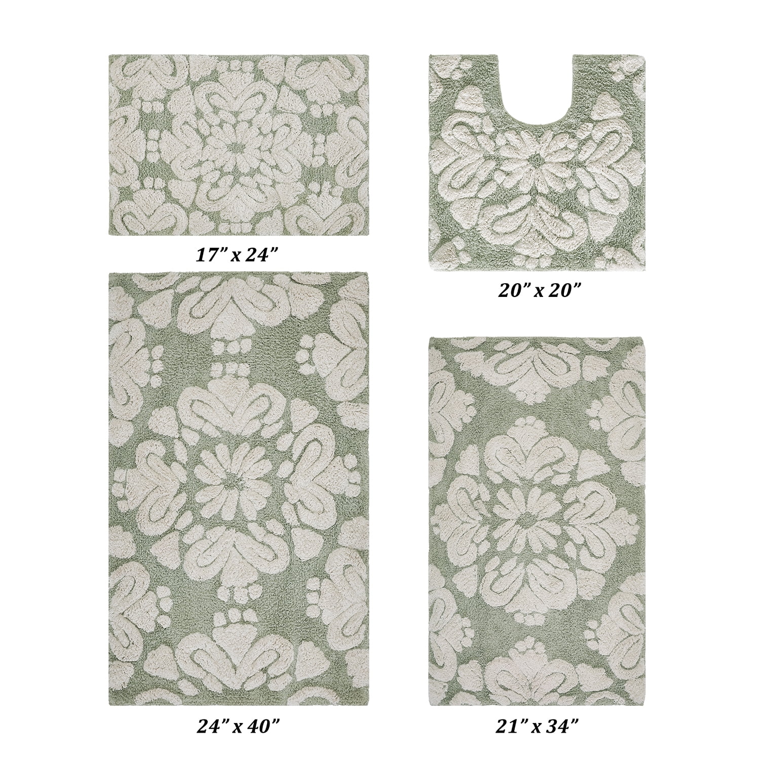 Better Trends 4 Piece Bathroom Rug Set 100% Cotton Extra Soft Tufted Bath Rug Water Absorbent Non-Slip Bath Mat Machine Washable (Sage) Medallion Collection