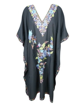 Mogul Women Floral Short Caftan Embellished Bikini Cover Up Resort Style Sleepwear Tunic Dress Kaftan 2X
