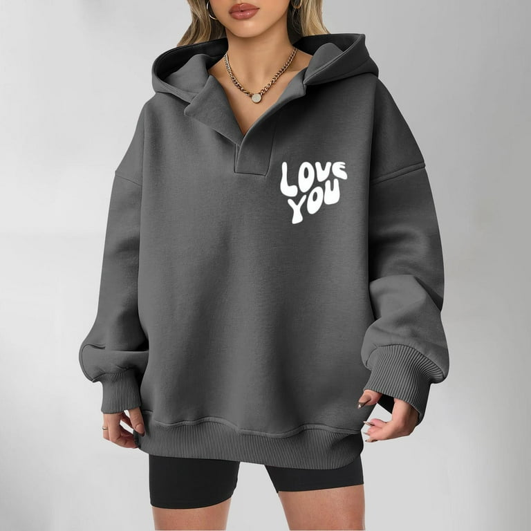 QYZEU Sweatshirts for Women Trendy Womens Thin Hoodie Womens Graphic Print V Neck Oversized Hoodie Classic Sweatshirt Womens Hoodies Sweatshirt Pullover Top Dark Gray L Walmart