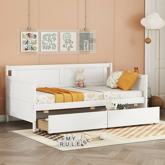 Bellemave Twin Size Daybed with Storage Drawers, Wood Sofa Bed Frame Twin Size, Corner Daybed for Living Room, Bedroom and Guest Room (White)