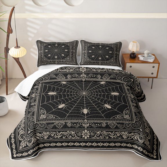 Manfei White Spider Web Twin Quilt Set,Halloween Theme Twin Coverlet Set,2 Pieces