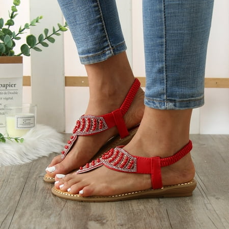 

Cathalem Yoga Sandals for Women Women Flat Sandals Summer Boho Rhinestone Dress Shoes Comfort Open Toe Light Sandals for Women Red 8