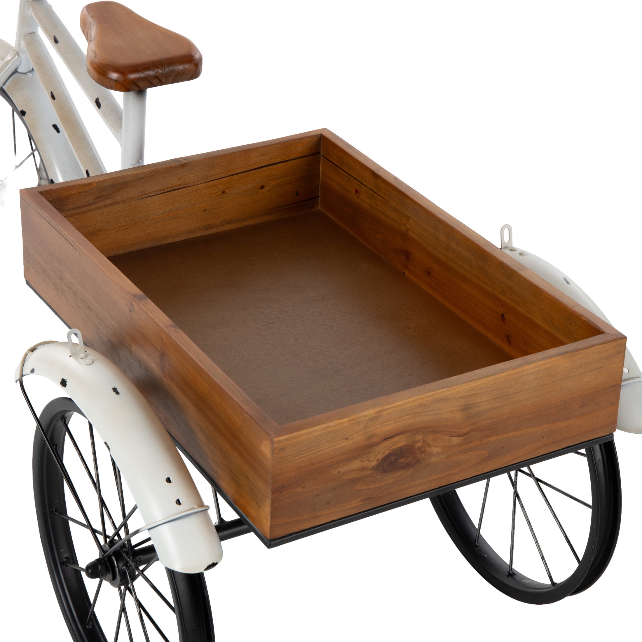 DecMode 48" x 24" x 24" White Metal Vintage Bike Plantstand with Brown Wood Accents