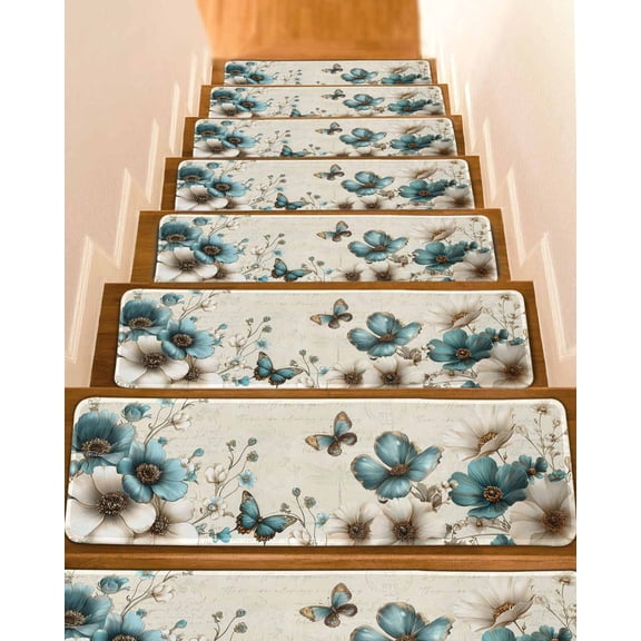 Teal Tulips Stair Treads Non Slip Indoor for Wooden Steps, Vintage Farmhosue Turquoise Floral Butterflies 10 Pcs Stair Mats for Elders Dogs, 8 x 30 Inch Carpet Treads Runner Rugs for Staircase