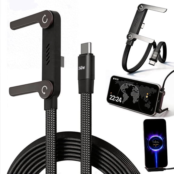 TYPPKMM 2-in-1 Invisible Holder Charger Cable, 240W Braided Fast Charging Cord with T-Shaped Foldable Stand, 4.9FT Type-C