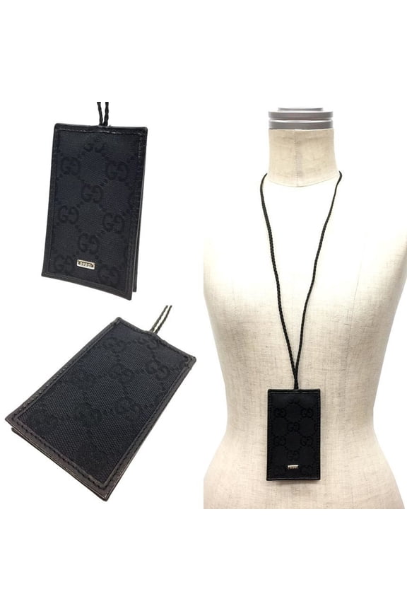 Pre-Owned GUCCI GG Canvas Crochet Necklace Key Ring Keychain Charm Black Pendant...