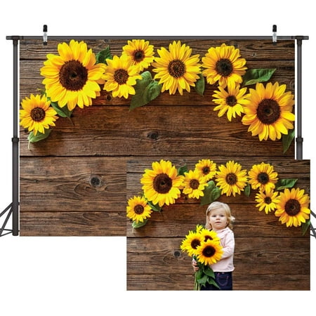 Image of 7x5FT Sunflower Brown Wood Backdrops for Photography Rustic Child Baby Shower Birthday Party Background 2023 Graduation Season Background D176