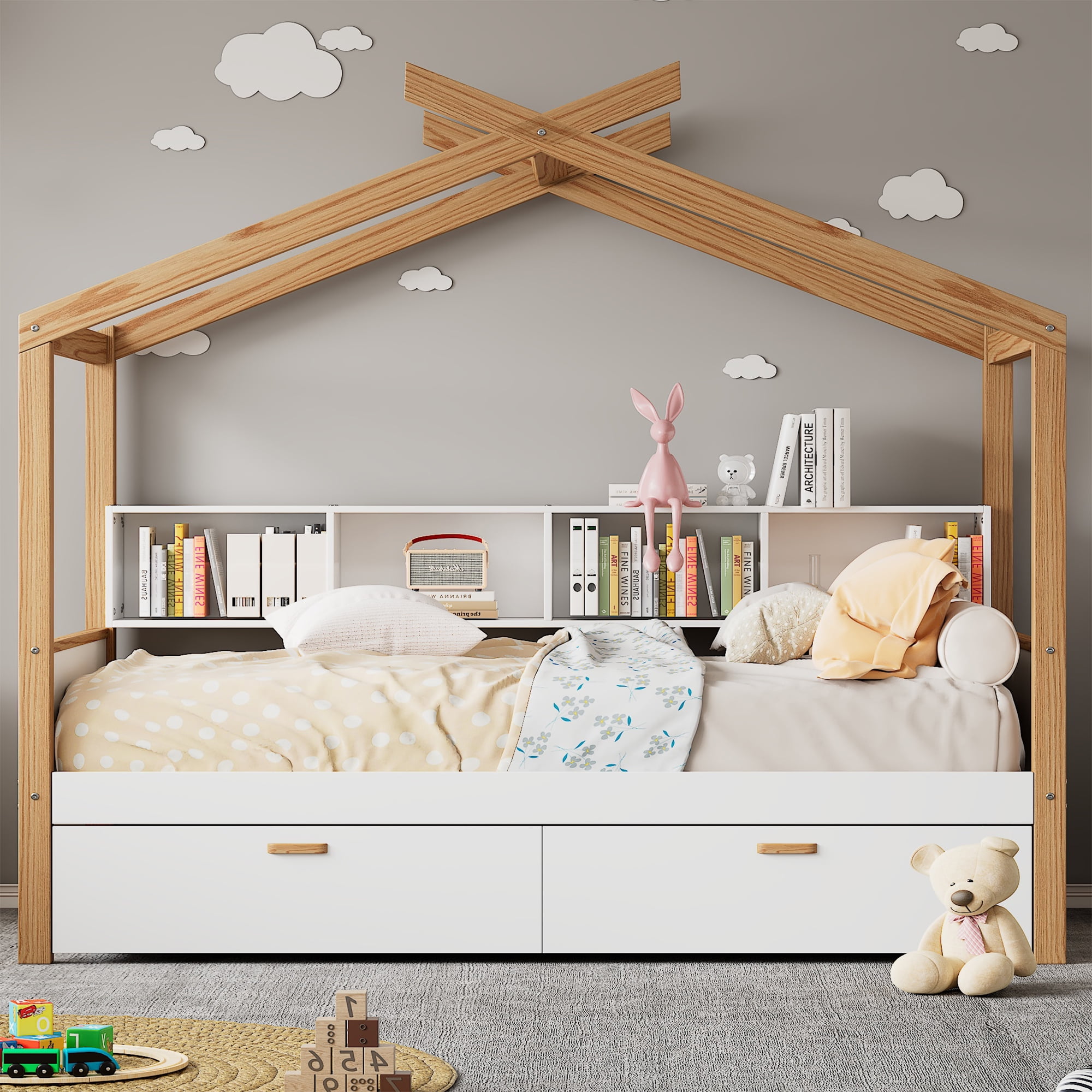 Euroco Wood Full Size House Bed with Bookcase and Drawers, White
