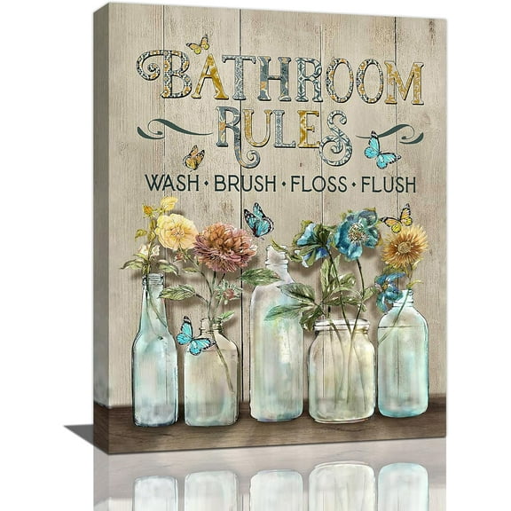 Farmhouse Bathroom Wall Art Rustic Bathroom Pictures Wall Decor Country Bathroom Flower Painting Floral Butterfly Canvas Prints Modern Artwork Framed Home Bedroom Living Room Decoration 12"x16"