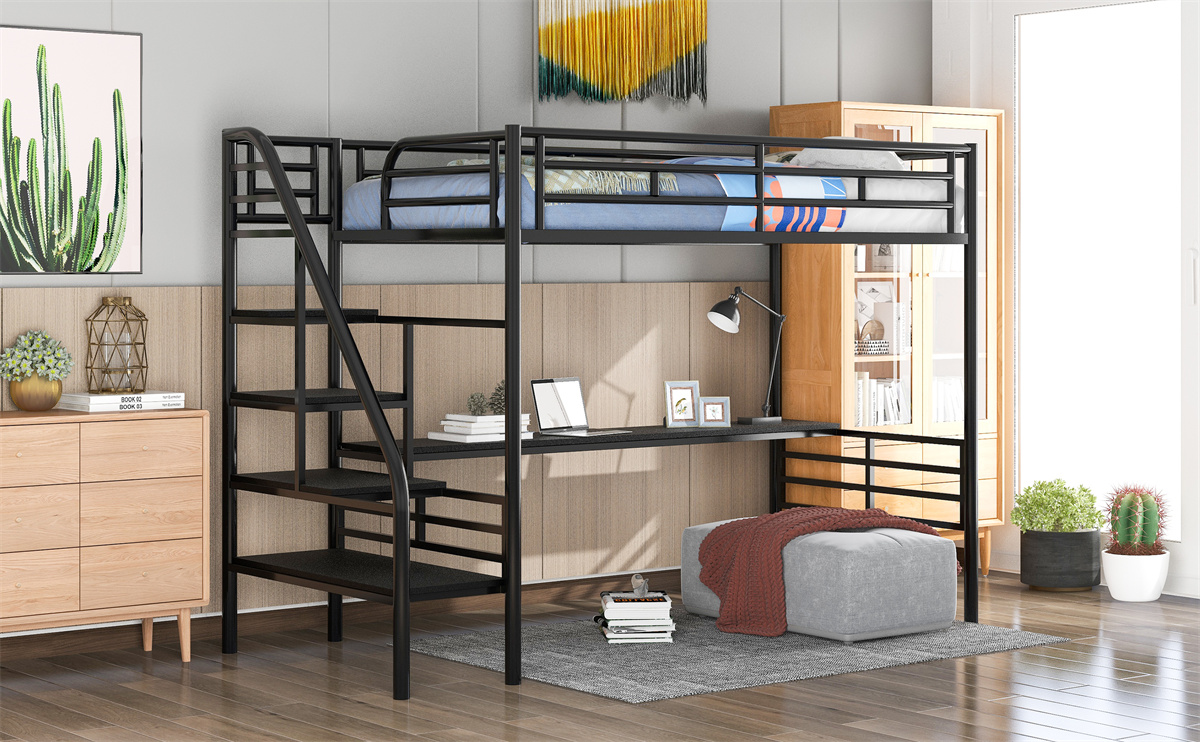 Metal Loft Bed, Twin Size Loft Bed Frame with Desk for Kids Teens Boys Girls, Noise Free Loft Bed with Stairs and Safety Guardrail for Bedroom, Space-Saving Design, No Box Spring Needed, Black - image 2 of 7