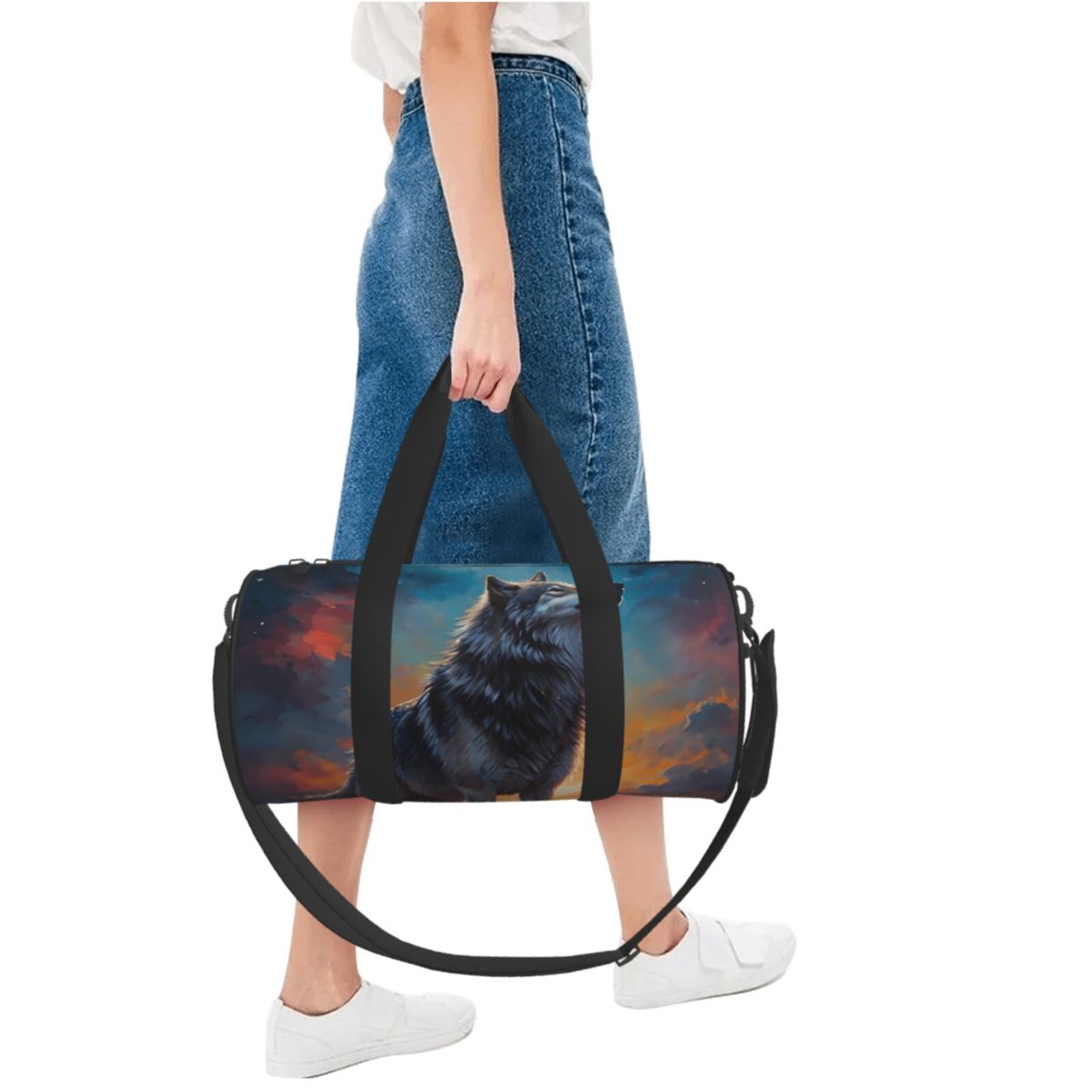 Vsdgher Moonlit Night Sky Wolf 45L Foldable Duffel Bag, Sports Gym Bag,Overnight Bag, Portable Weekender Bag for Airplanes
