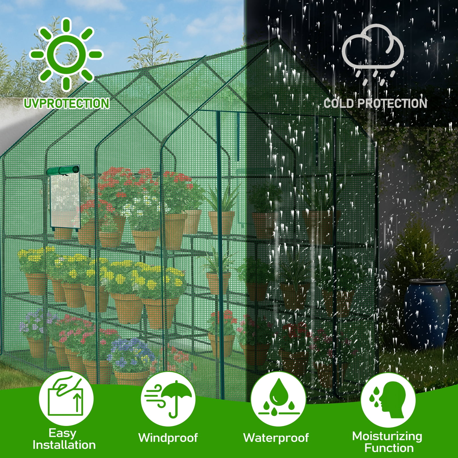 Walk-in Greenhouse 56×85×77 in, 12-Shelf Plant Green House with Roll-Up Zipper Door & Side Windows, Powder-Coated Steel Frame, Weather-Resistant PE Cover for Backyard Patio Garden