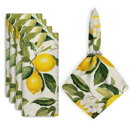 

Bahomeck Napkins Set Of 4 Reusable Washable Square Fabric Dining Table Napkins Weddings Party Dinner Decor 18*18 Inch Lemon And Lemon Tree Leaves Pattern On White Background