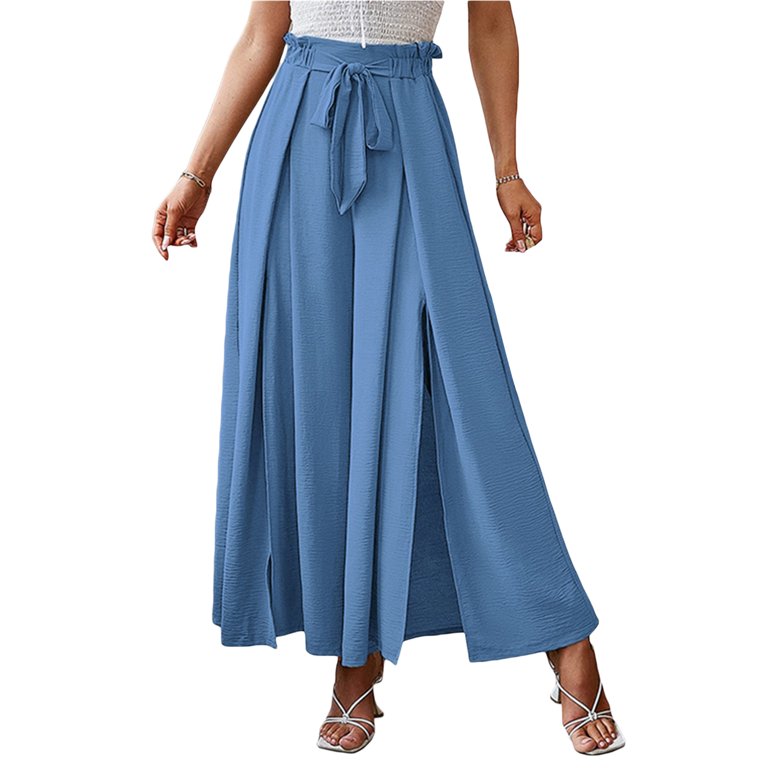 Women's Loose Belted Long Trousers Summer Autumn Ladies Casual Solid Color  Elastic High Waist Stretch Ruched Beach Wide Leg Pants Plus Size