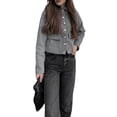 thumbnail image 3 of Women'S Coats Lapel Cropped Jacket Button Down Casual Varsity Jacket with Pockets Gray M, 3 of 9