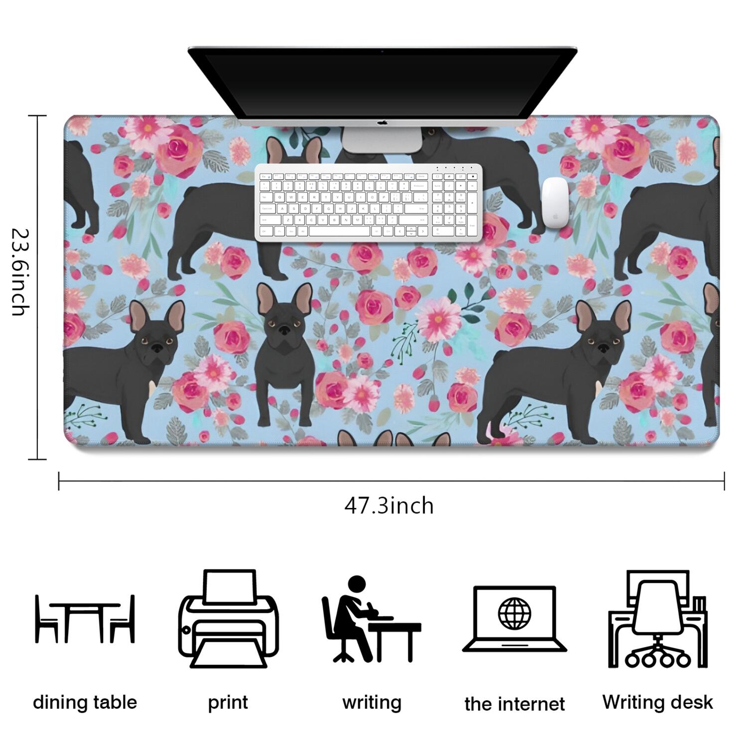 Long Mouse Pads for Desk,French Bulldog and Flower Desk Mats on Top Of Desks, Desk Mouse Pad Extra Large with 3mm Non-Slip Base and Stitched Edge for Gaming,Office,Work,Home 47.3"x23.6"