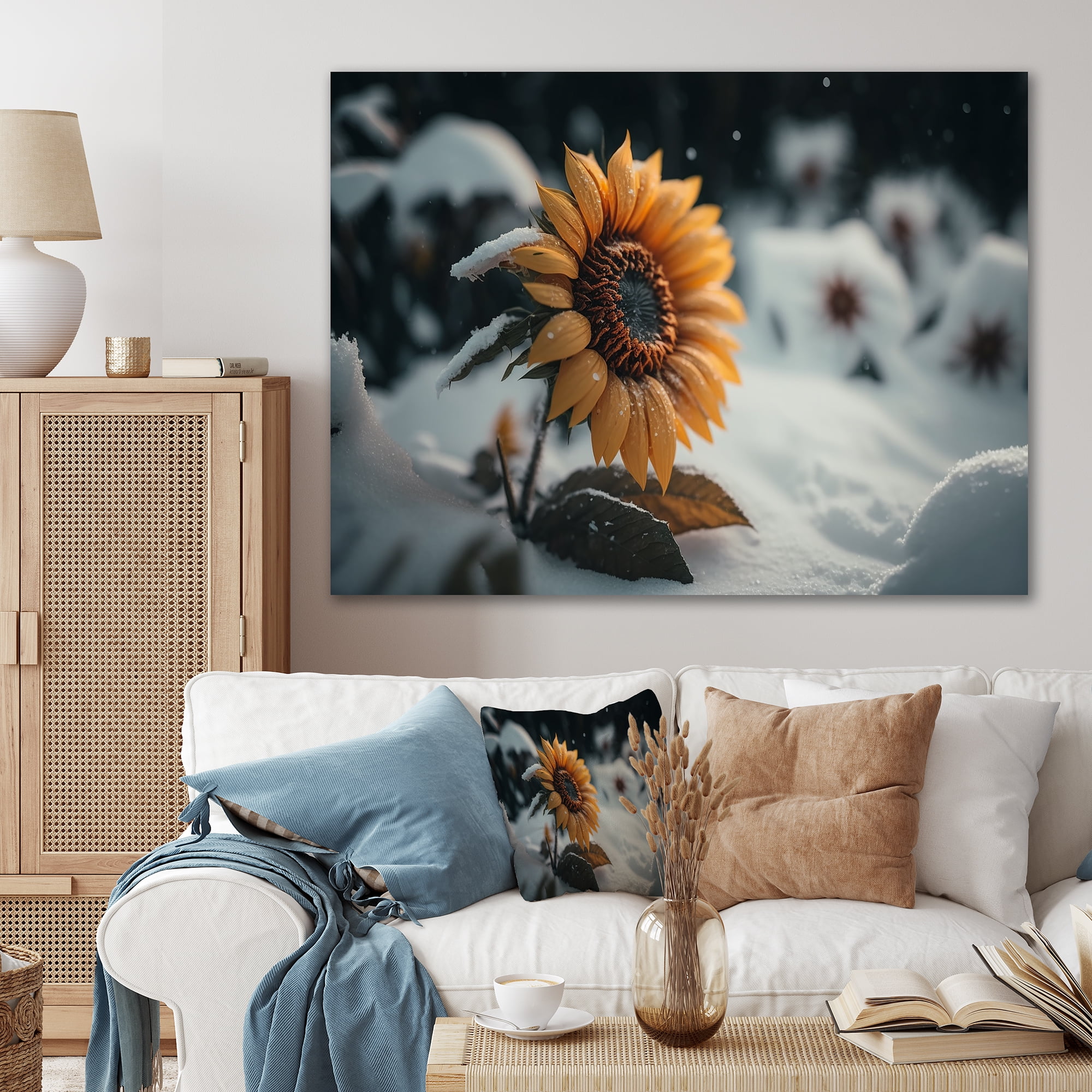 Designart A Blooming Yellow And Orange Sunflower Winter II Canvas Wall Art