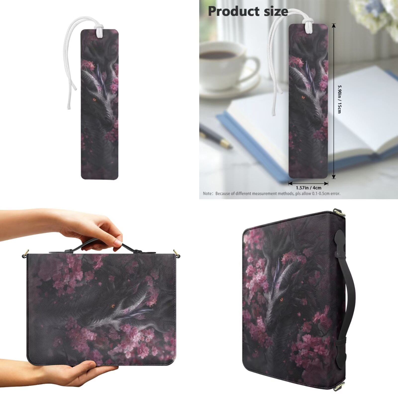 Kuiaobaty Dragon Cherry Print Bible Cover for Women Men Blossom Print Carrying Book Case with Leather Bookmark Multi-Pockets Church Bag Bible Protector for Christian Daily, Black