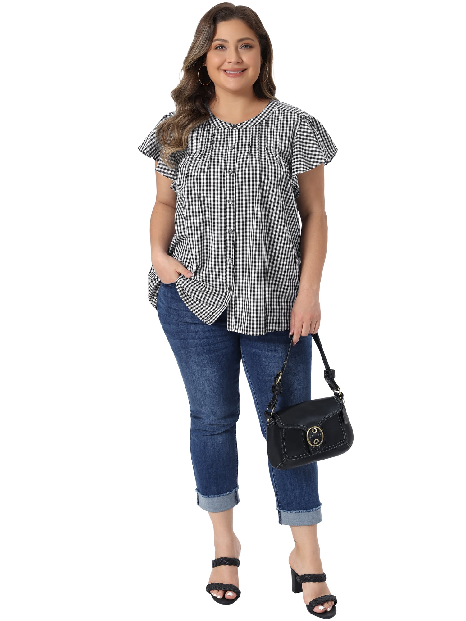 DARING DIVA Women's Plus Button Down Round Neck Ruffle Sleeve Plaid Tops 3X Black