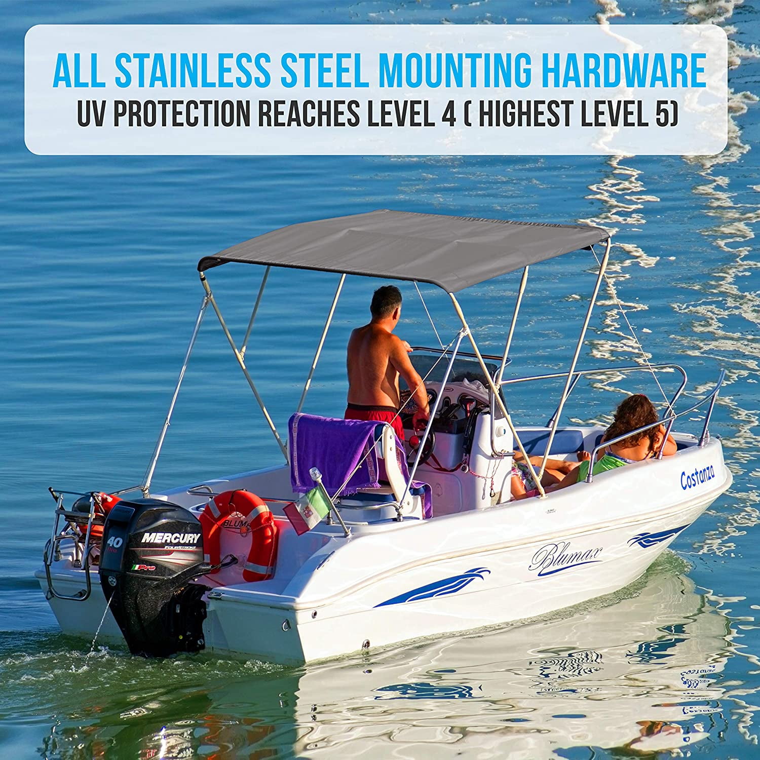 SereneLife 3 Bow Bimini Top - 2 Straps and 2 Rear Support Poles with Marine-Grade 600D Polyester Canvas (Gray)