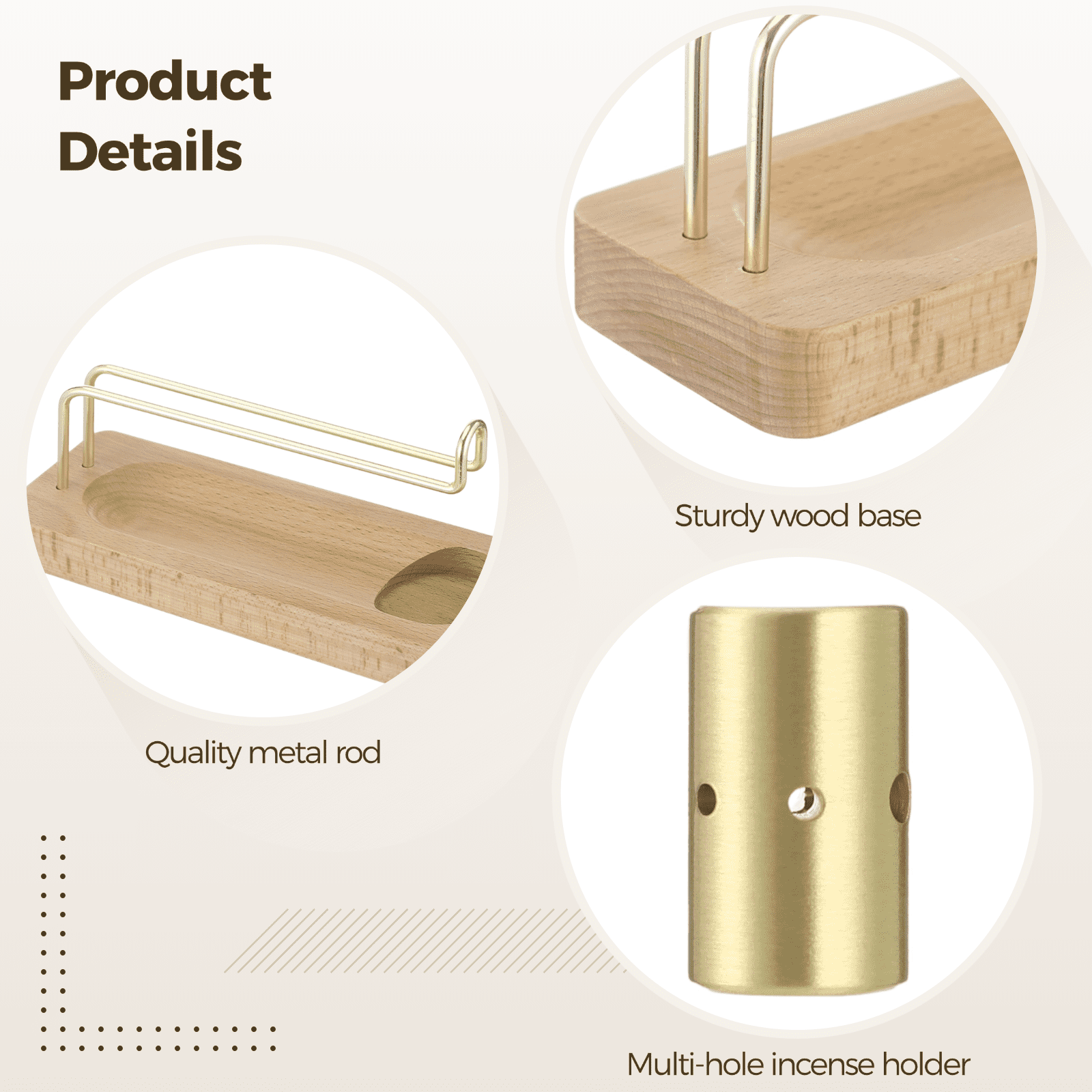4 in 1 Incense Burner, Metal Stick Holder with Ash Catcher, Solid Wood Base for Holy Wood, Sage Sticks, Incense Sticks & Candles, Ideal for Yoga Meditation, Home Aromatherapy & Housewarming Gift