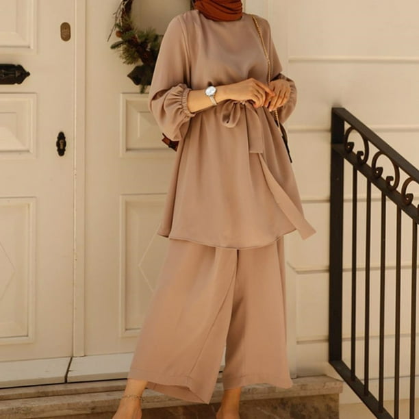 Neinkie Elegant Muslim Dresses for Women Dress Top Women Abaya Dress Robe  Long Pant Two Piece Outfit