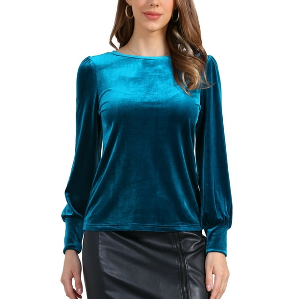 Blusa de terciopelo INSPIRAR CHIC para mujer, de cuello redondo, manga larga abullonada, top casual L, azul pavo real