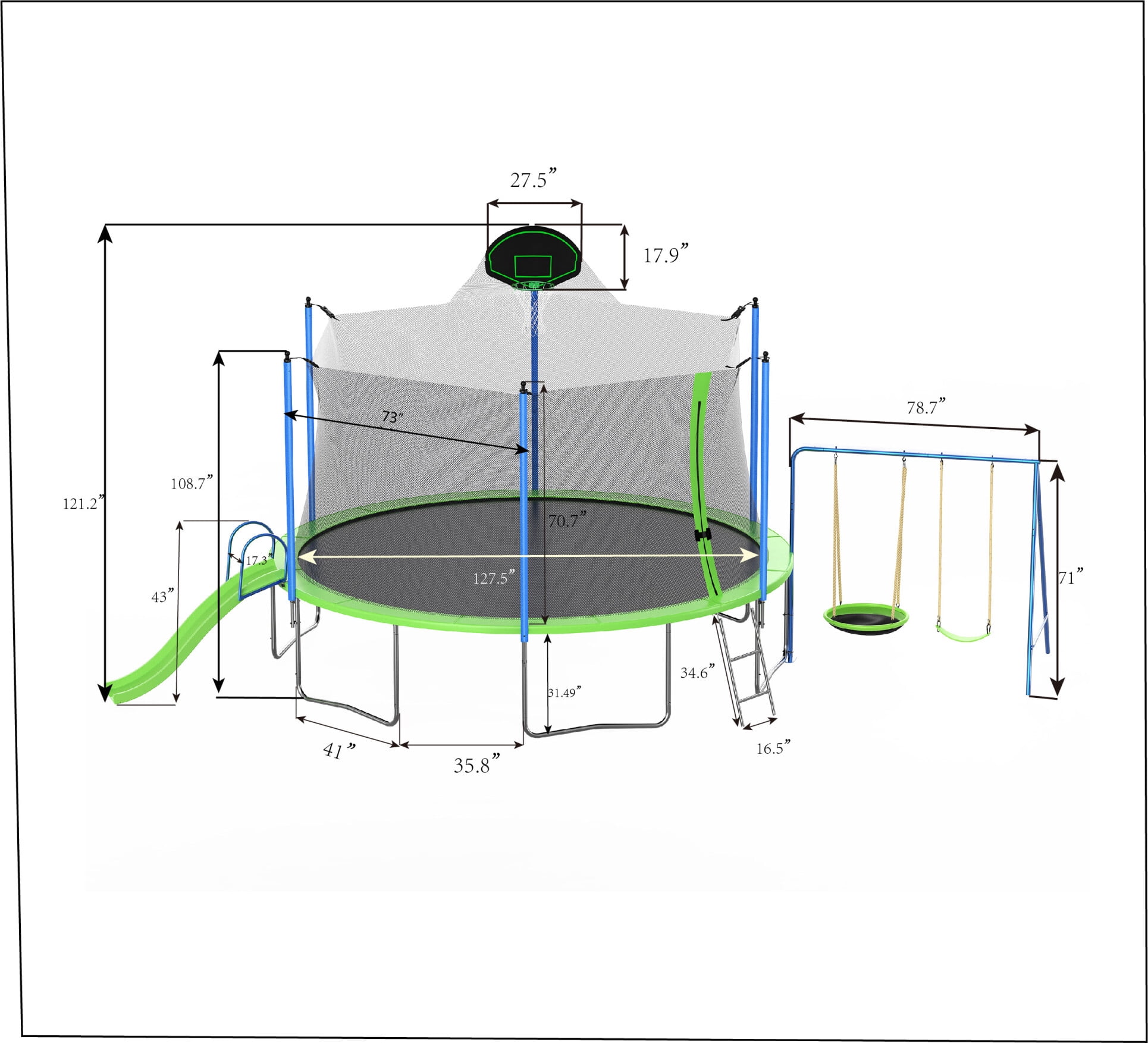 Trampoline, 12 FT Trampoline Set with Slide and Swing, Built-in Basketball Hoop & 2 Steps Ladder, Recreational Trampolines Jumping Workout for Garden Backyard, Outdoor Trampoline for Children, Adults