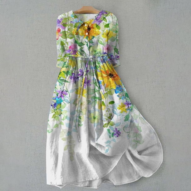 WILLBEST Vestidos de Algodon para Mujer, Estilo Coreano, con Cordones, Cintura Definida, Camisa, Vestido Midi de Verano, Media Manga, Vestido de Línea A A La Moda 369 Mediana