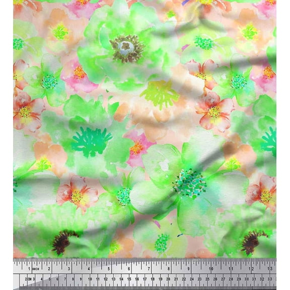 Soimoi Cotton Duck Fabric Flower Watercolor Print Sewing Fabric Yard 42 Inch Wide