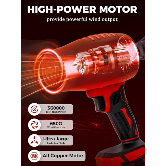 Cordless Leaf Blower with 2 Batteries and Charger Included,Extended Nozzle,Lightweight Handheld Leaf Blower Turbo Fan for  Cleaning, Lawn Care, Blowing Leaves and Dust, Red