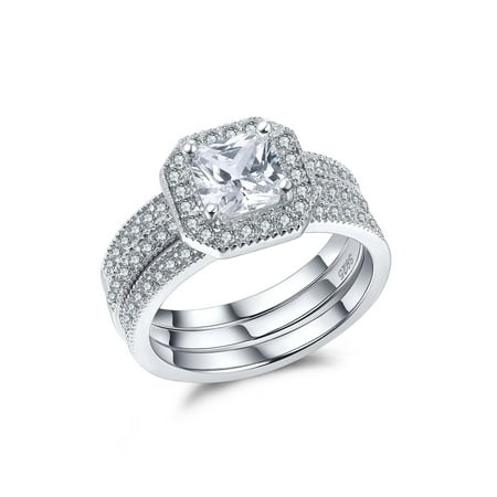 Devuggo 3 Piece Ring Band Set 3.28Ct Princess Sterling Silver CZ Wedding Engagement Gifts for Women Rings