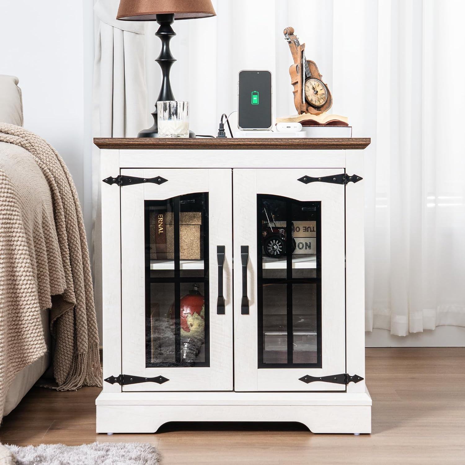 RTC Group Farmhouse Nightstand with Charging Station – White End Table with Storage for Bedroom & Living Room