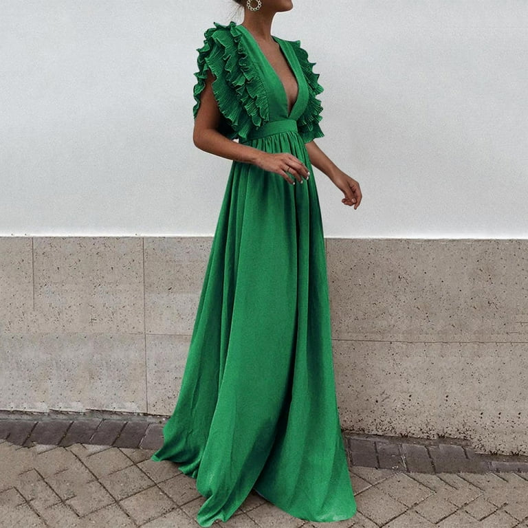 Siilsaa Formal Dresses for Women Evening Party Women's Deep V-Neck Applique Ruffle Sleeves Side Slit Pleated Long Formal Dresses Green,XL - Walmart.com Siilsaa Formal Dresses for Women Evening Party Women's Deep V-Neck Applique Ruffle Sleeves Side Slit Pleated Long Formal Dresses Green,XL - Walmart.com